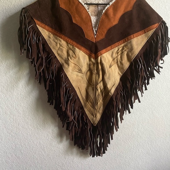 Vintage HECHO EN MEXICO Leather Suede Floral Western Brown Tan Fringed Poncho - Picture 7 of 16